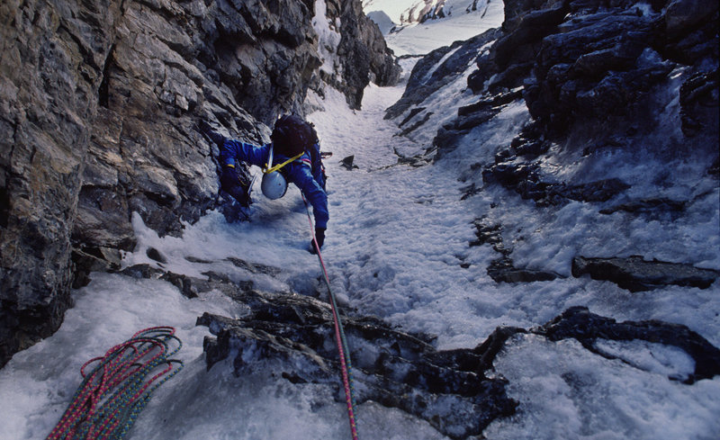 Dale Navish climbing in the Hourglass By-Pass Couloir on the SE Face of Mt Robson