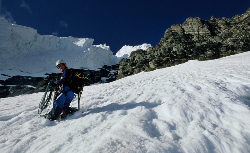 Dale back on the Roof Glacier neve. No crevasse danger this particular year so the remaining terrain to the hut was hazard free.