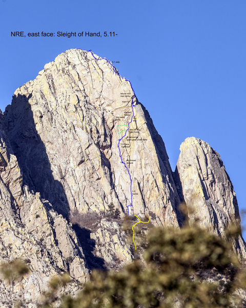East face of North Rabbit Ear, highlighting the Sleight of Hand route.
<br>
Established variations/dead ends are marked with green dots - I would recommend NOT venturing through these areas, unless you want extra special adventure.