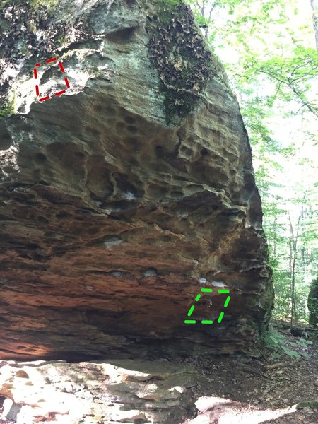Left hand crux cut-out marked red, underneath sequence marked and obvious start from rail marked green