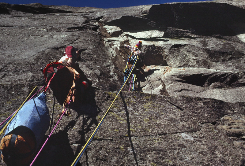 Rains leading the 3rd pitch on the first complete ascent of the Lab in Nov 1974. Rains and Hud had found the bivy ledge the week before. We then came back and completed the upper pitches of the route in deteriorating weather a week later. Spent 2 night on the wall. A fantastic journey.