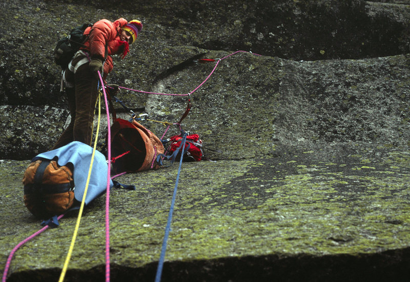 Rains belaying Hud on day 2 as we work our way thru the overlaps above the bivy ledge. November 1974