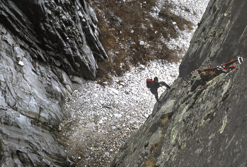 Mark Richey mid way up the wall on day 2 of the FA of 'Across the Great Divide' in 1975. Andy Tuthill subsequently added a direct finish to the route as ours came out a bit short and ended up on the last pitch of the WG.