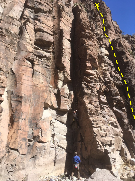 Rough topo of the route, with climbers at left on Worth the Wade.
