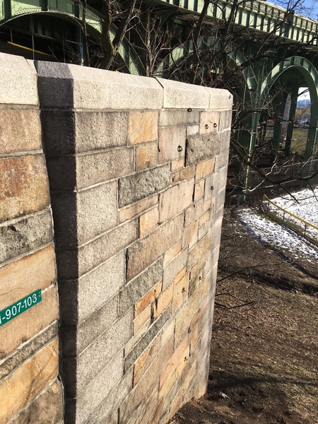 A couple of very short bolted climbs, south of the 72nd Street staircase (West face)