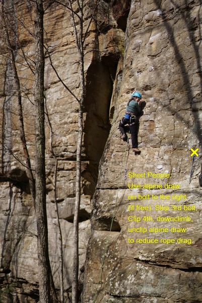 Short people bring an alpine draw, extend bolt on right, clip the 4th bolt, downclimb and unclip