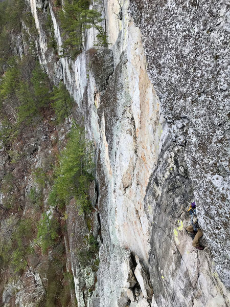 A climber on the second pitch of Pleasant Overhangs, taken from Thais Direct