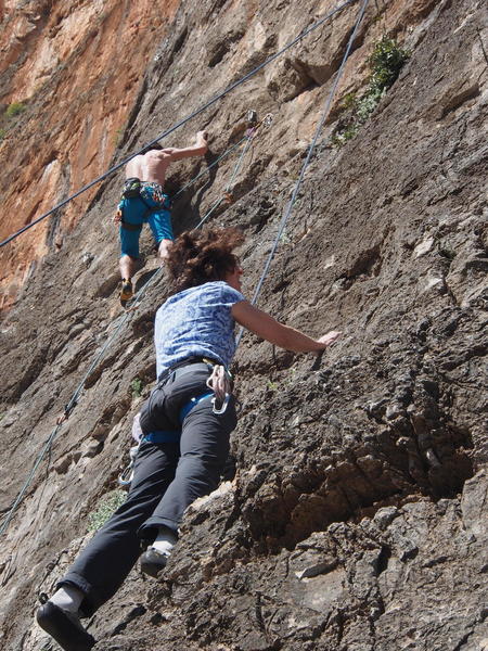 SM on Kefala with a climber on the 6b (5.10 a/b) Myrtoon Extension in the background