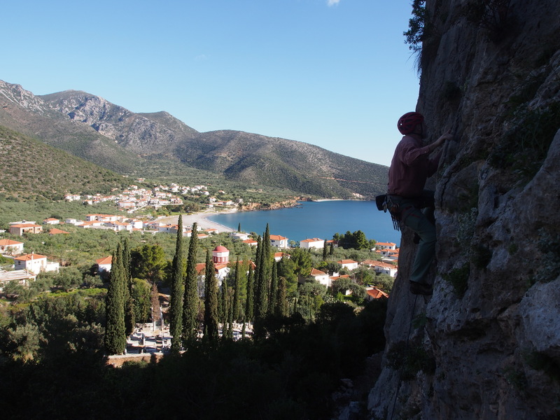 RW climbs "Kastraki" with the town of Kyparissi in the background
