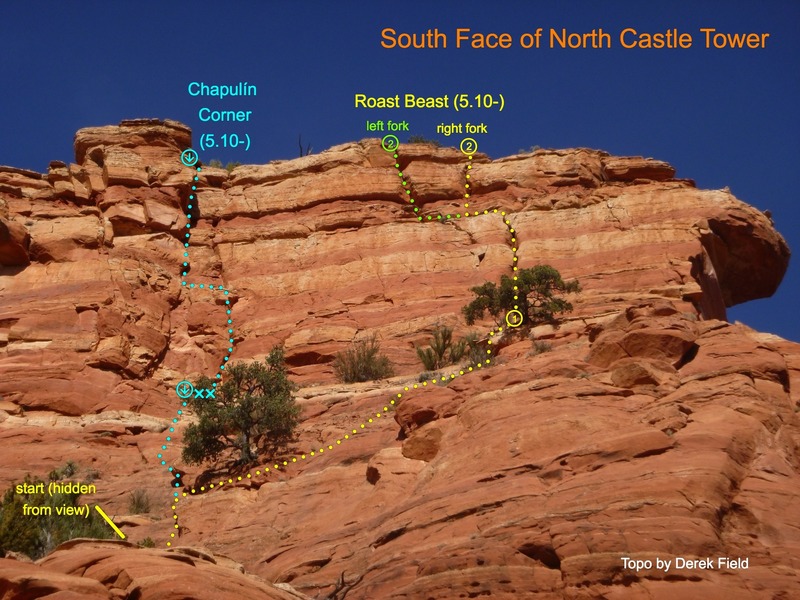 South Face routes. View is from the main saddle and is extremely foreshortened.