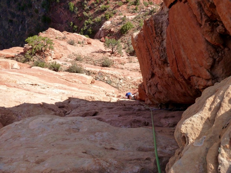 Looking back down the upper half of the second pitch with Giselle following.