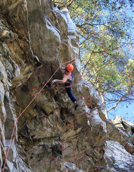 Michael Mosure shaking out before the last crux that guards the anchors. Photo: Chris Inghram