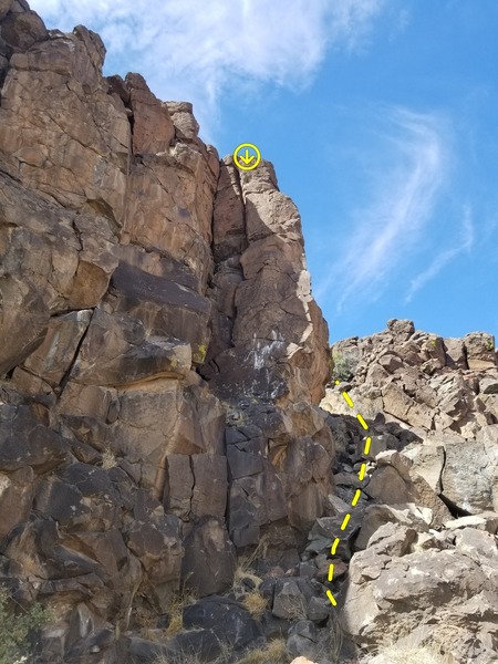 Small landslide at end of wall, makes for easy access to top if you want to hang a toprope.
