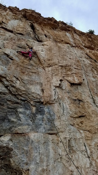 Jilian Wereb on the evening FA run of the route. La Linea Negra is thin black tufa to the right.