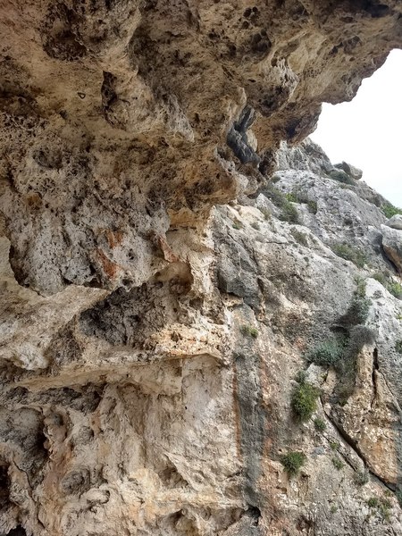 A look at some of the holds on the right side of the cave (photo from lowering)