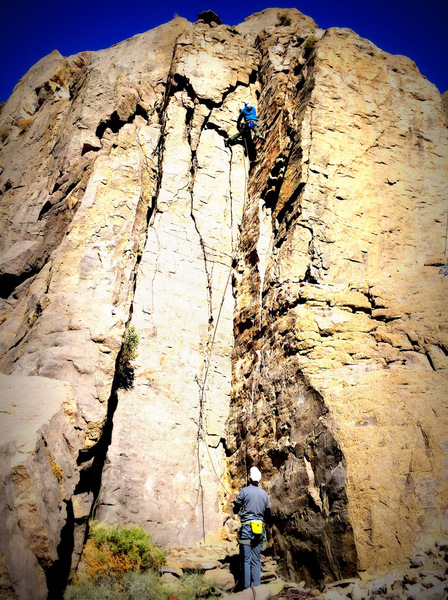Joe leading up the second ascent of "Book of Runes"