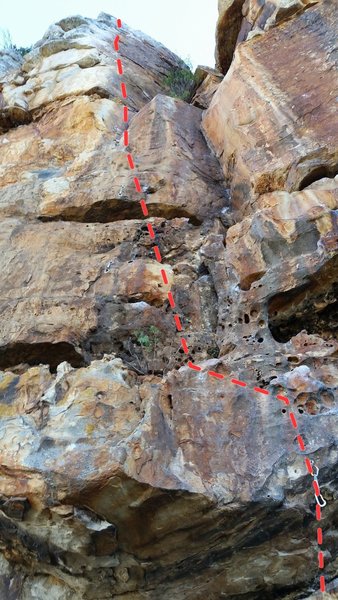 Sterling Sliver starts at the right lower corner, traverses slightls left and then basically goes straight up. First layback section at open book halfway up and then at teh following flake, Good horizontal breaks to jam and r