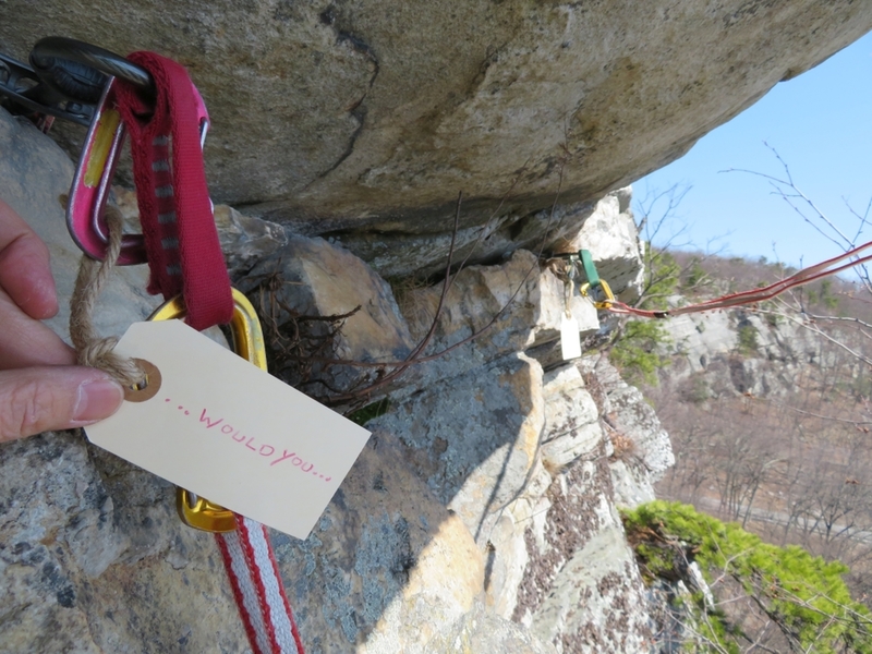 The traverse right to the small, fun overhang move on the 2nd pitch. My partner hung tags at each piece of gear, proposing to me on this climb!