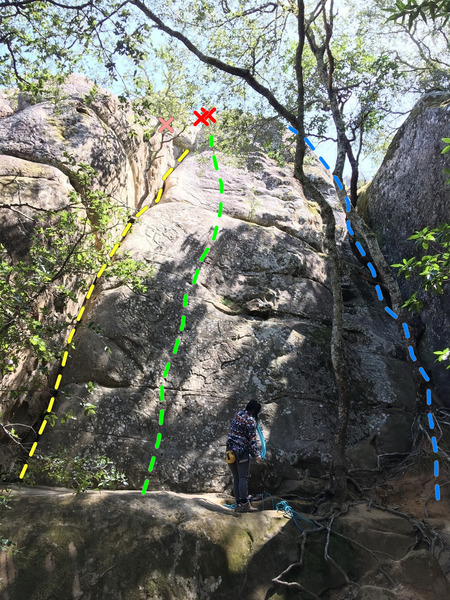 West face of Lower Tier, Boy Scout Rocks.
<br>
<br>
PINK: directional bolt
<br>
RED: toprope anchors
<br>
YELLOW: 5.7 Diablo Crack,
<br>
GREEN: 11a/b Cracker Ass Cracker,
<br>
BLUE: according to Bay Area Rock guidebook is a 5.6 scramble to anchor