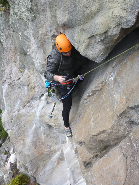 Just after the first crux, taking a rest in the scallop feature.