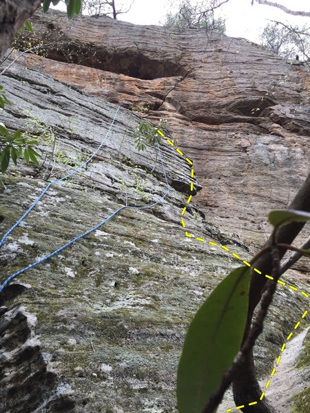 Lichen and moss cover the beginning slab moves. The route follows the right most strand of the rope in the picture.