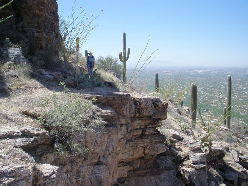 where the climber's path goes around the rock ridge