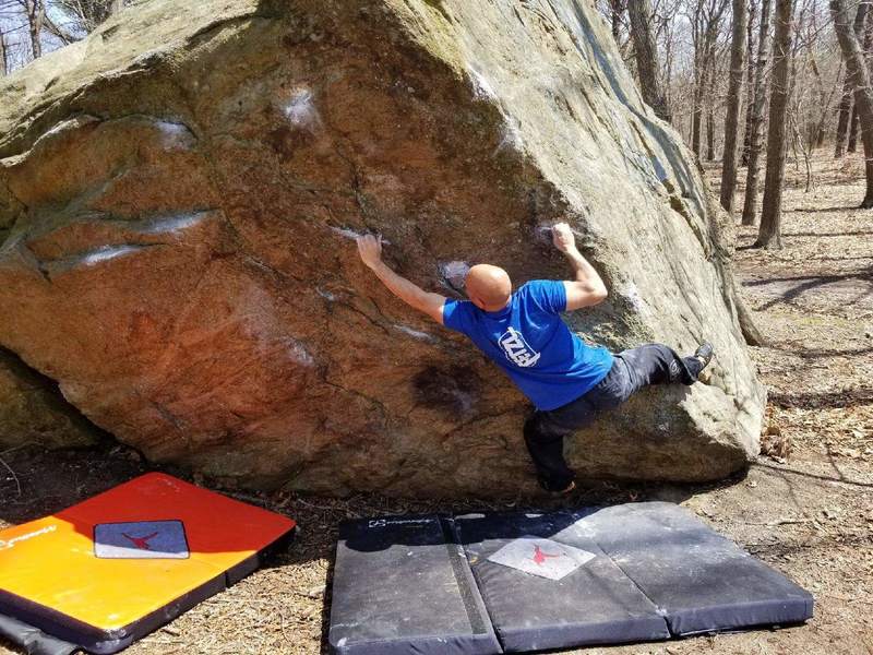 Start bottom right and work left and up. Tough route, we had some decent climbers and only one of us sent it. Definitely a V4-V5. I’m 3 moves into this route in this picture.