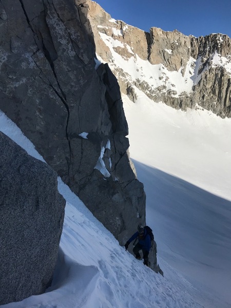 Chuck Miller approaching the filled-in bergschrund 4/29/2018