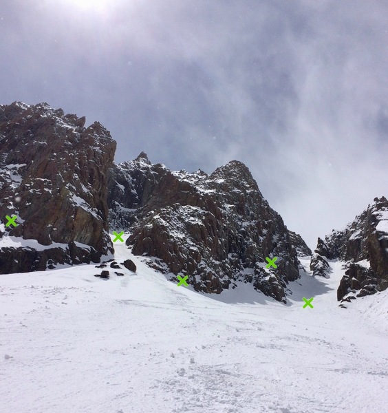 Left-to-right start of the North Rib, Grand Central Couloir, the start of the North Butress, the start of Snake Charmer, Snake Couloir.