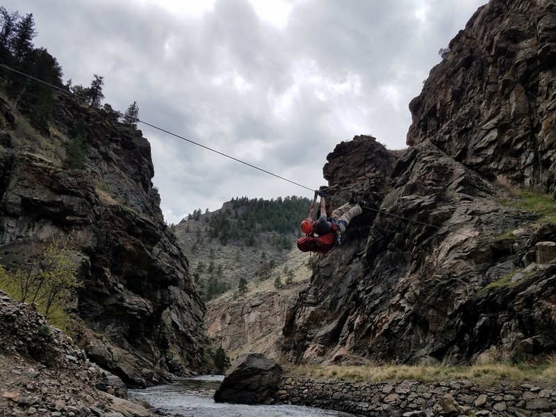 Me taking a break on the tyrolean, crossing back after climbing Ride the Snake, 05/05/2018.
