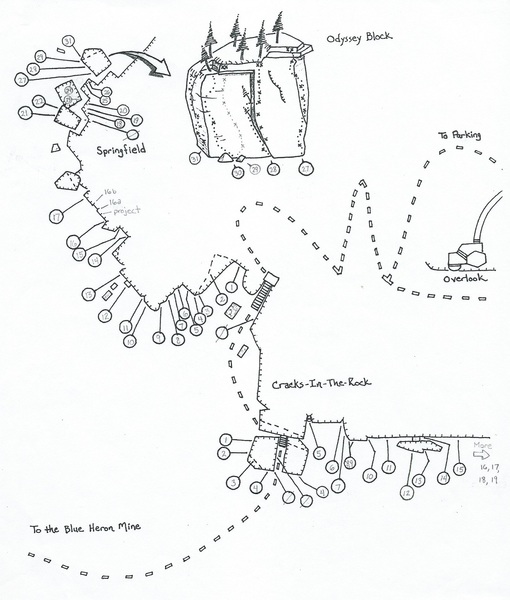 Hand drawn topo of the main climbing area of Blue Heron. Route Key is in the Comments section below.