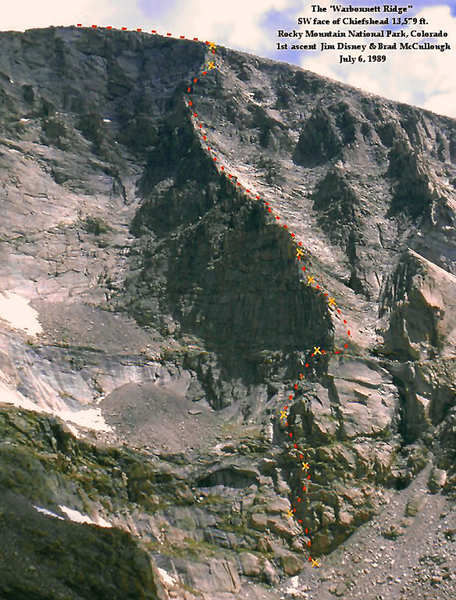 The "Warbonnet Ridge," Grade III 5.7. The red dots indicate the route and the yellow Xs indicate belay stances. In the upper section of the ridge, we unroped and soloed until the last 100 ft headwall just before attaining the