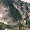 The "Warbonnet Ridge," Grade III 5.7. The red dots indicate the route and the yellow Xs indicate belay stances. In the upper section of the ridge, we unroped and soloed until the last 100 ft headwall just before attaining the