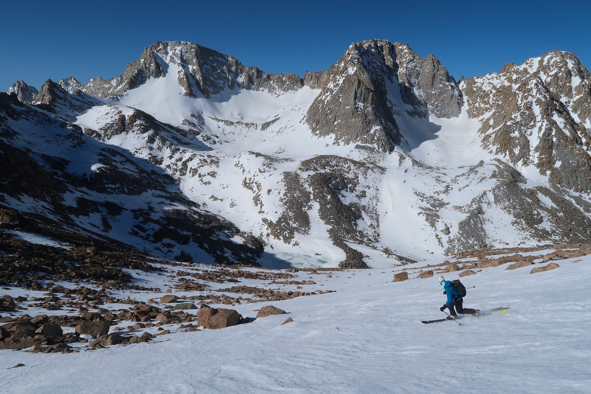 Skiing down from Lamarck Col into Darwin Canyon. The N face of Darwin
