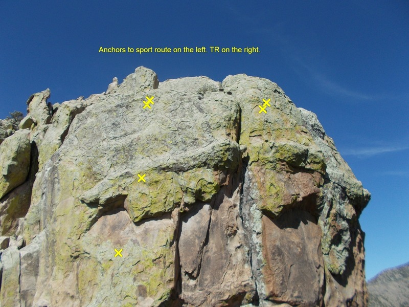Sport Route on the left. TR #2 on the right. Top is accessed from a very adventurous scramble. Lower to these anchors by building an anchor above! If you try to reach down to them, you'll die!