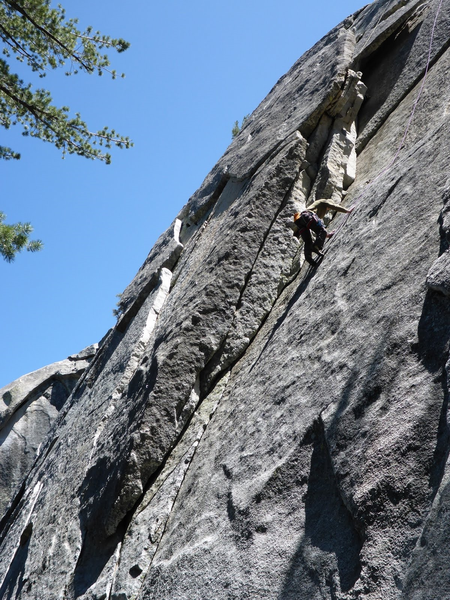 If you start just right of little murders on top on the ledge there are two crimps and a fun mantlish sorda move. I continued straight up following the TR.