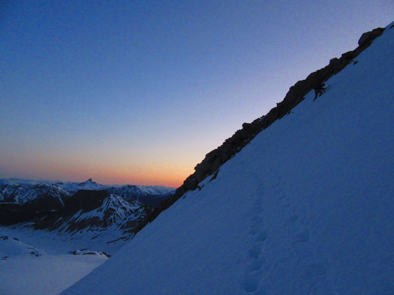 First step leaving Garibaldi Neve to reach the North Pitt Glacier