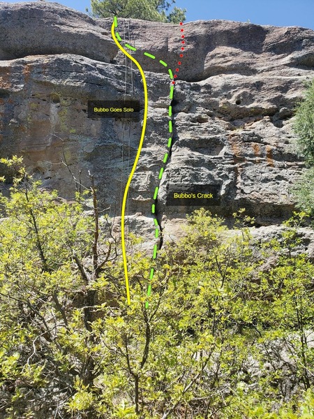 A rope is laying on Bubbo Goes Solo, and to the right is Bubbo's Crack.