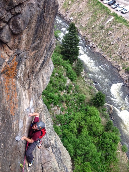 Following the traverse pitch on a perfect Clear Creek day.