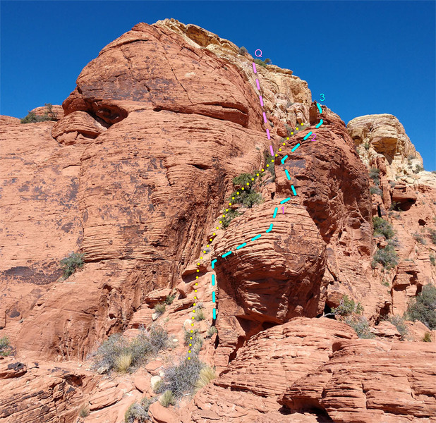 west up toward Calico South Viewpoint from high on Calico Peak Stone Sweet Ridge
<br>
. . . blue = mini-buttress sequence
<br>
. . . Q pink = direct steep finish Variation
<br>
. . . yellow dots = easier gully scramble