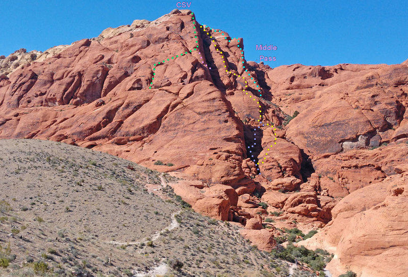 Calico South Viewpoint
<br>
. . (looking N from 2nd Pullout Parking)
<br>
green dots : W South Ridge
<br>
. . pink dots : alternate start
<br>
yellow dots: Red Slippers (incomplete 2019)
<br>
blue dots : Stone Sweet : main S ridge