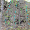 Krauss from W:<br>
A. Dividing Gully Crack<br>
C. Far Left Face<br>
D. Near Left Face<br>
G. Center Left Face<br>
H. Center Center Face<br>
J. Center Alcove Direct<br>
K. Right Face