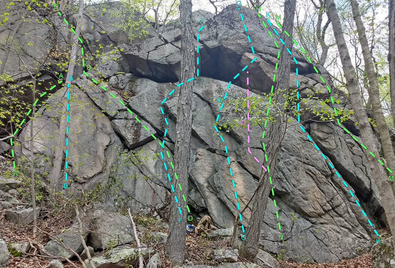 Crefeld from W
<br>
A. Dividing Squeeze
<br>
B. Li's Lunge
<br>
D. Dividing Gully
<br>
F. Center Left Roof
<br>
G. Center Center Roof
<br>
H. Center Right Roof
<br>
K. Right Groove
<br>
M. Right Fins