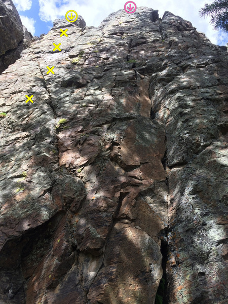 Here are two climbs. The left is sport with anchors (with more bolts than is pictured), and the right has anchors, but I don't remember now and can't see in photo if there are bolts, if it is mixed, or if it is a trad line.