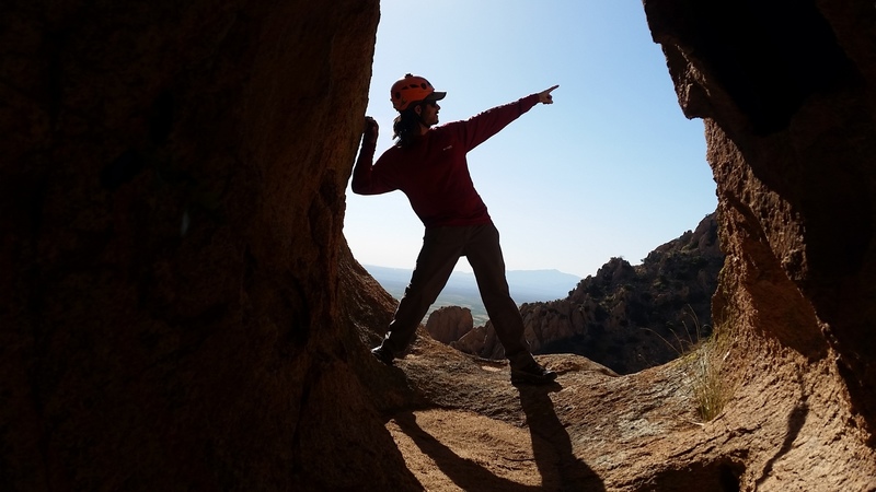 Stryder points at the next dome over after topping out Mystery of the desert.