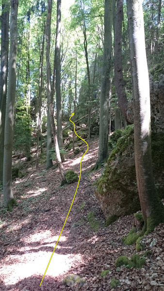 The climber's trail leads around the left side (from this perspective) of the cliff band.