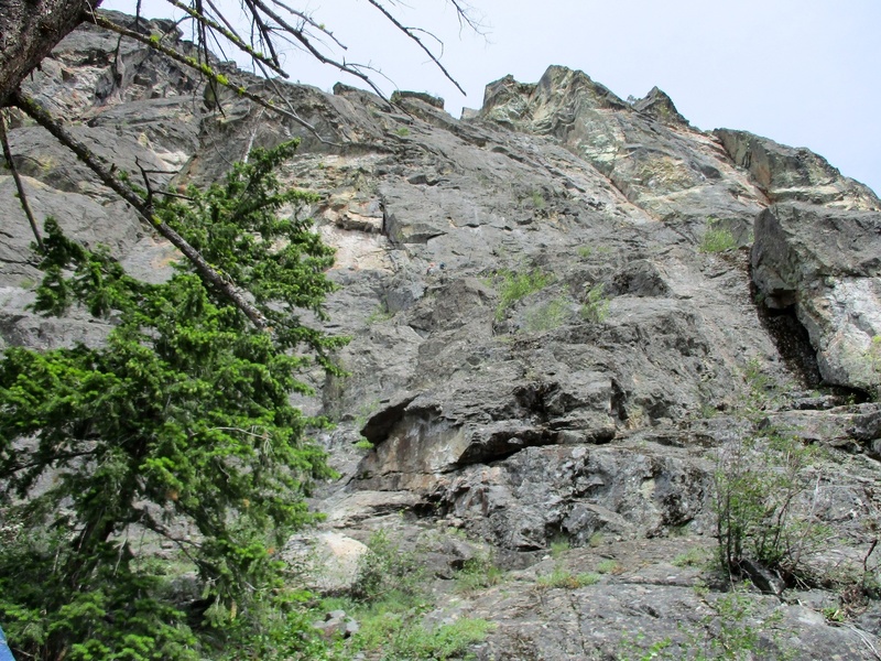 Looking up from the base of the route. Pitch 1 starts just off to the right.