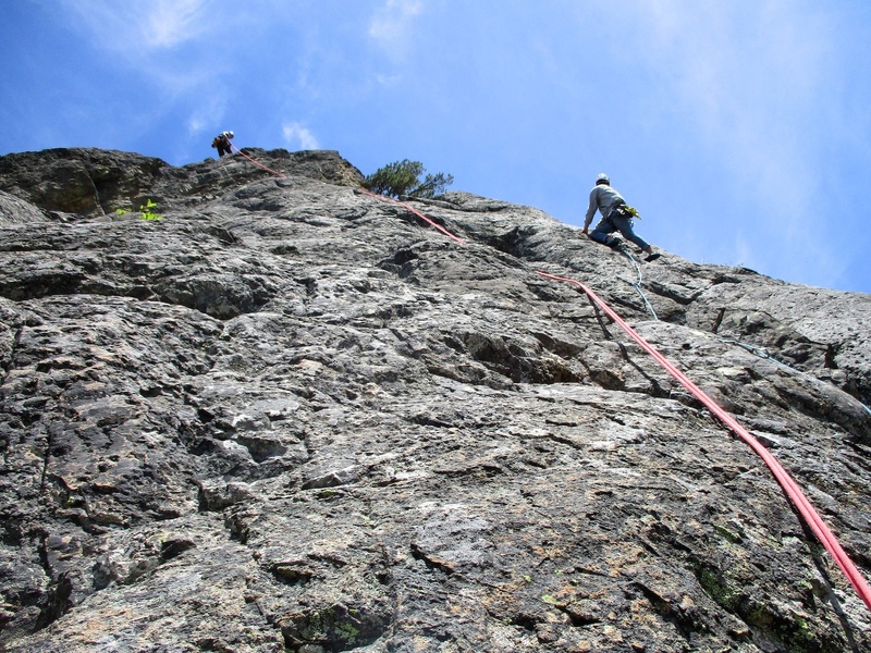 The rappel route is beside the route. There's a fair bit of loose rock on the ledges, so be careful about kicking down rocks since other climbers might be climbing the route.