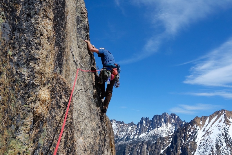 John Plotz, Iconic Hitchhiker photo: Start of Pitch 5 with Wine Spires in background.