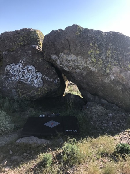 The east side of the Key Hole Boulders, this will be the side that is visible from the dirt road.